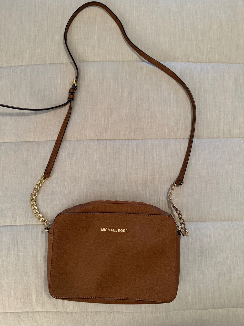 Michael Kors Brown Saffiano Leather Crossbody with Gold Chain